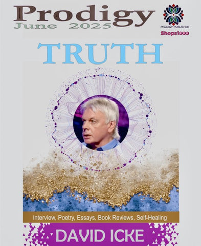 Magazine cover featuring David Icke with text about Prodigy magazine and June 2025 issue.